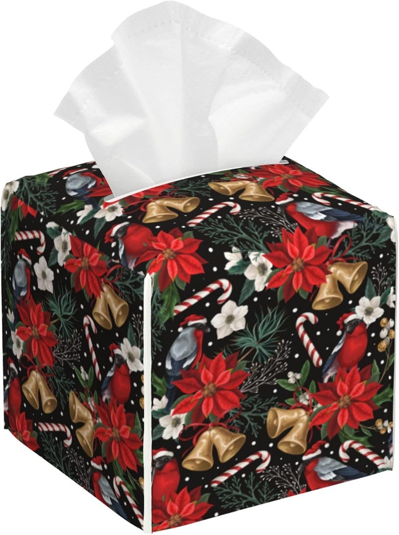 sndheke Christmas Poinsettia Flowers Tissue Box Cover Square,Xmas Bells Candy Cane Tissue Box Holder Waterproof Leather Facial Paper Organizer Dispenser for Bathroom Home Car Nightstand Vanity Desk - Image 1